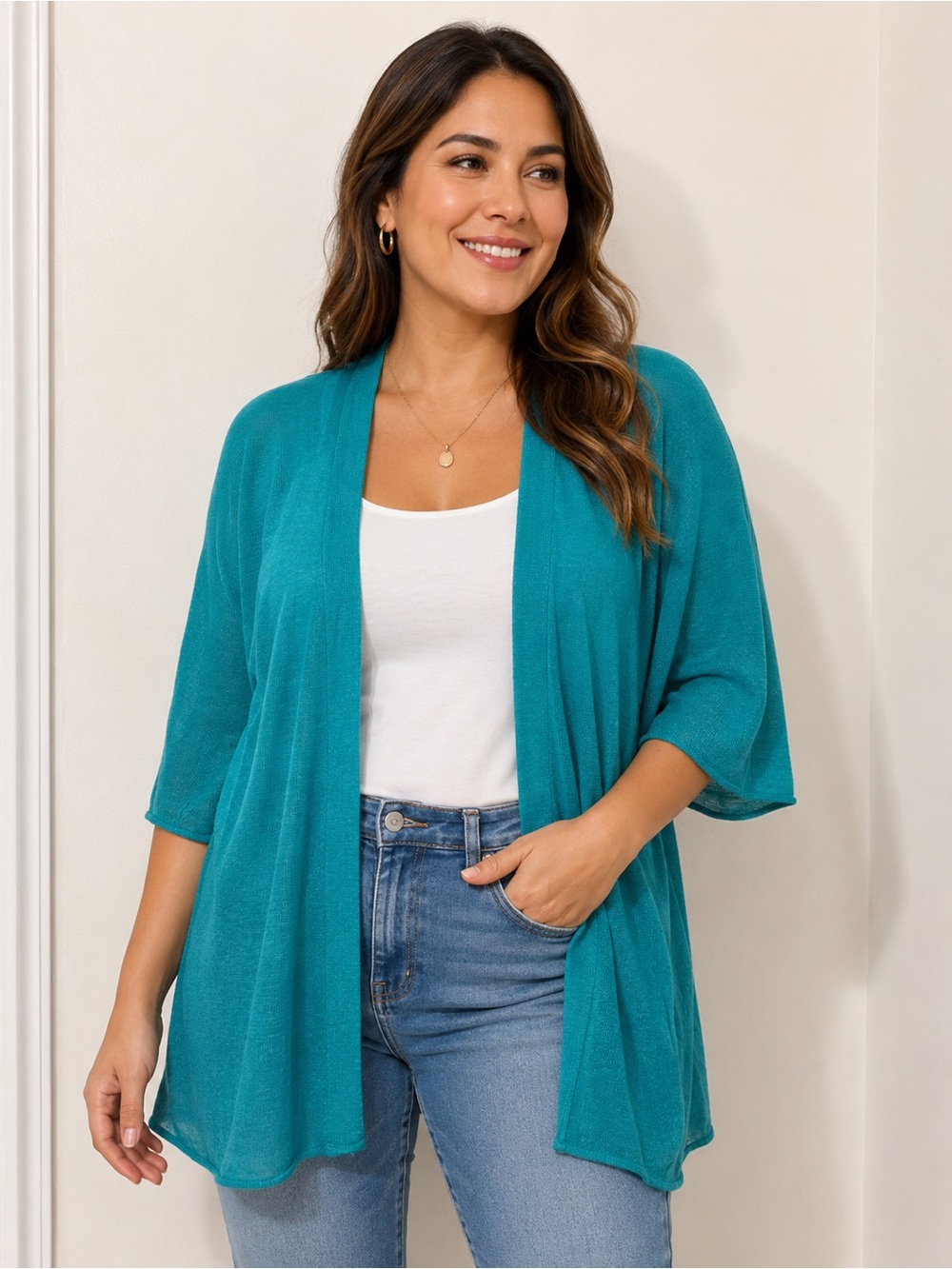 Eileen Fisher Green Knit Open-Front Lightweight Organic Linen Cardigan Size L